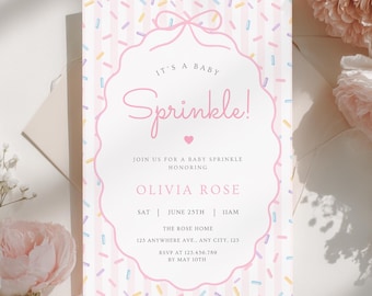 Invitación para baby shower, Baby Sprinkle rosa, Invitación para baby shower de niña, Little Sprinkle, Plantilla editable de Canva, Descarga digital