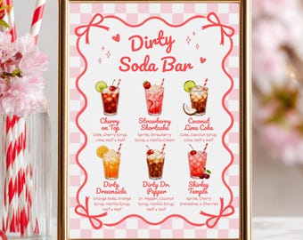 Schild für eine Dirty-Soda-Bar, Schild für eine Ready-to-Pop-Bar, Getränkekarte für eine rosa Babyparty, Retro-Soda-Bar, bearbeitbare Canva-Vorlage