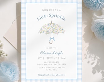 Little Sprinkle Baby Shower Invitation, Umbrella Baby Sprinkle Invite, Boy Baby Shower, Blue Gingham Invite, Editable Canva Template