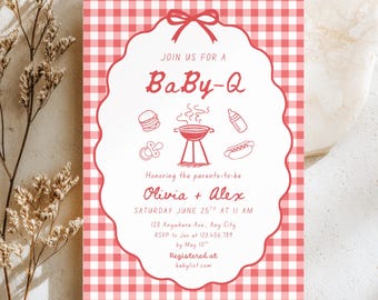 Baby-Q Babypartyeinladung, rotes Gingham BBQ-Babyparty-Einladung, Grill-Babyparty, bearbeitbare Canva-Vorlage, digitaler Download