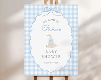 Letrero de bienvenida para baby shower de ganso gracioso, letrero de baby shower de ganso, baby shower azul para niño, plantilla editable de Canva