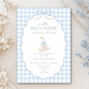 Invito per baby shower a tema Silly Goose, Un baby shower a tema Silly Goose, Invito blu per maschietto, Motivo a quadretti, Modello Canva modificabile