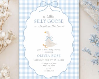 Invitación para baby shower con temática de ganso travieso, Un baby shower con un pequeño ganso travieso, Invitación azul para niño, Cuadros vichy, Plantilla editable de Canva