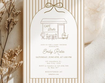 Café Bébé Babypartyeinladung, Café-Babyparty, Kaffee-Baby-Sprinkler, Baby braut, neutrale Babyparty, bearbeitbare Canva-Vorlage