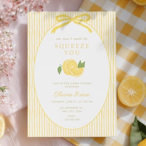 Faire-part de baby shower citron, nous avons hâte de vous presser, invitation neutre sexiste pour bébé saupoudrer d'agrumes, nœud vichy, modèle de toile modifiable
