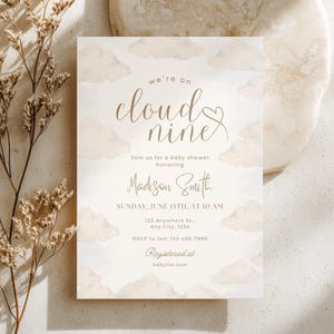 Cloud Nine Baby Shower Invitation, On Cloud 9, Cloud Baby Invite, Beige Baby Sprinkle, Gender Neutral Baby Shower, Editable Canva Template