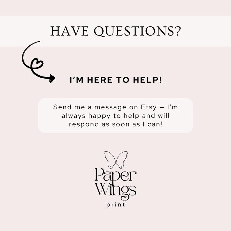 K&ouml;nnte beinhalten: Hellrosa Grafik mit dem Text &bdquo;HABEN SIE FRAGEN? ICH HELFE IHNEN GERNE!&ldquo; und einem Aufruf zur Nachricht auf Etsy. Das Logo von Paper Wings print befindet sich unten und zeigt ein Schmetterlingsdesign.