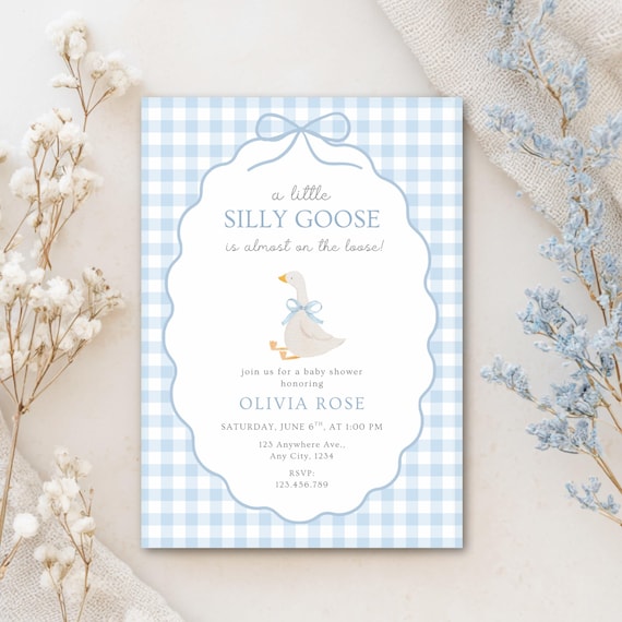 Silly Goose Baby Shower Invitation, A Little Silly Goose Shower, Blue Baby Boy Invite, Gingham, Editable Canva Template