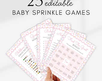 Op de afbeelding: Een set van 25 bewerkbare baby sprinkle spelkaarten met een witte achtergrond, een roze geschulpte rand en kleurrijke hagelslag. De kaarten bevatten titels zoals Children's Emoji Pictionary, Baby Name en Find The Guest Bingo.