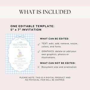 Puede incluir: Una plantilla de invitaci&oacute;n para baby shower, 12,7 cm x 17,8 cm, con un fondo de cuadros azules y una ilustraci&oacute;n de ganso. El texto dice "a little SILLY GOOSE is almost on the loose!" Texto, gr&aacute;ficos, colores y fuentes editables.