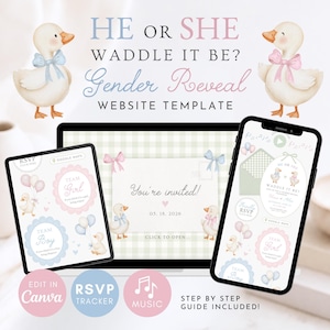May include: A gender reveal website template featuring watercolor duck illustrations with blue and pink bows. The design includes text reading HE OR SHE WADDLE IT BE? Gender Reveal WEBSITE TEMPLATE, RSVP, TEAM Girl, TEAM Boy, and You're invited.