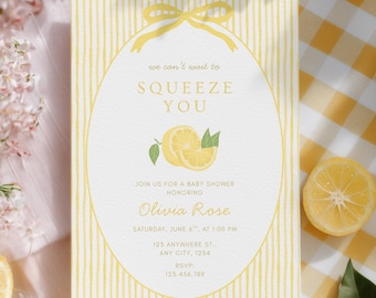 Invitación para baby shower con temática de limón, ¡Estamos deseando abrazarte!, Invitación neutra para baby shower con temática cítrica, Plantilla editable de Canva