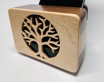 Walnoot- en esdoornluidspreker voor mobiele telefoons met levensboomontwerp aan de voorkant - iPhone-luidspreker - houten luidspreker - telefoonversterker - akoestische luidspreker