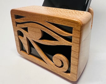 Sycamore en Cherry mobiele telefoonluidspreker met oog van Horus-ontwerp - iPhone-luidspreker - houten luidspreker - telefoonversterker - akoestische luidspreker