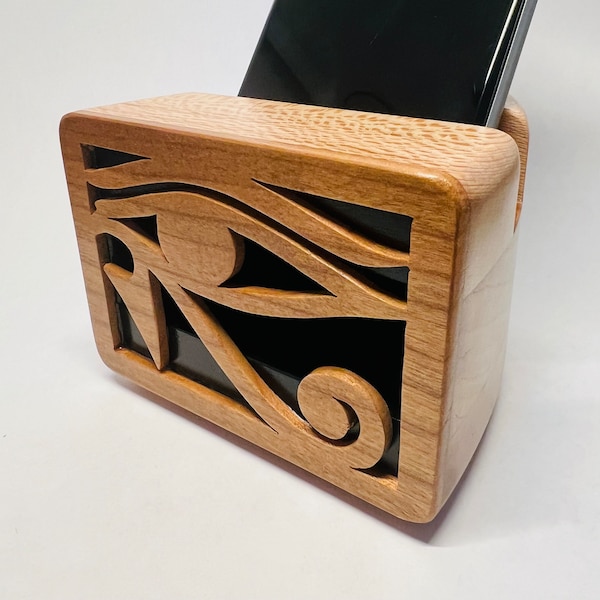 Enceinte pour téléphone portable en sycomore et en cerisier avec design en forme d'oeil d'Horus - Enceinte pour iPhone - Enceinte en bois - Amplificateur de téléphone - Enceinte acoustique