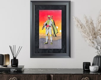 Tattooine Sunset is a scroll saw portrait of Boba Fett standing atop  sandy dune as the binary stars approach the horizon- Star Wars tribute