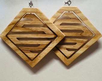 Hardwood earrings hand crafted from hickory and and resin with silver kidney style ear wire