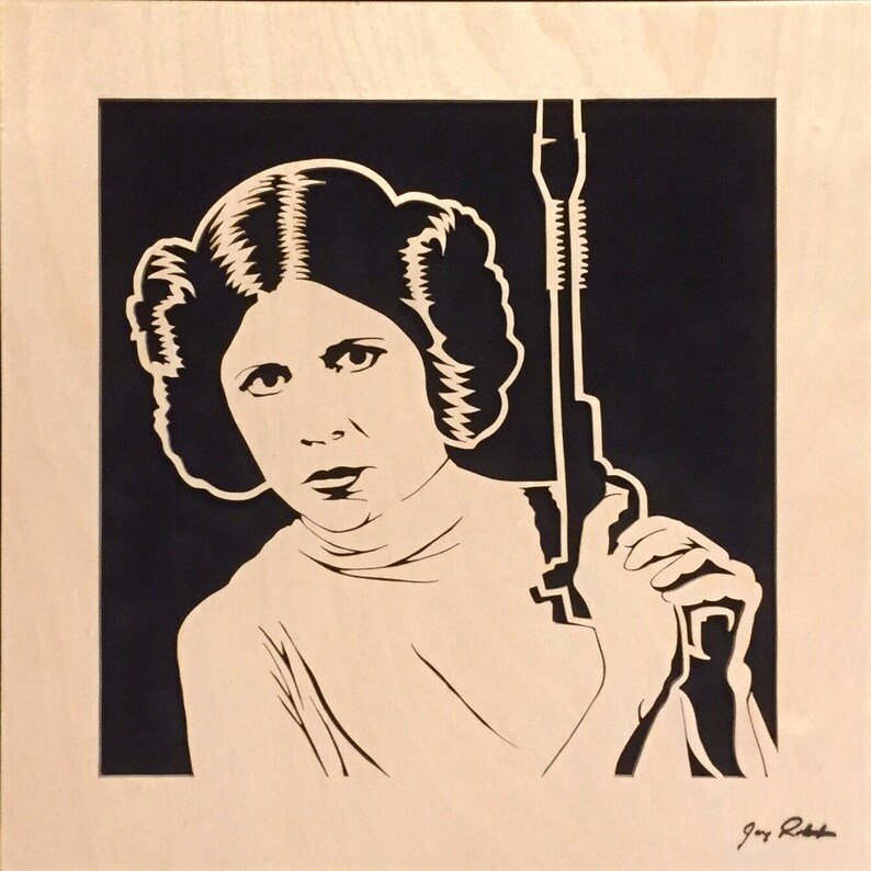 Carrie Fisher as Princess Leia Blaster at the Ready portrait is hand cut using a scroll saw and mounted to a black suede mat and framed image 4