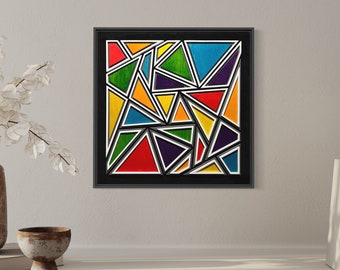 Fragmented Equilibrium- This multi-colored abstract art piece is made of Baltic Birch hand cut on a scroll saw and dyed