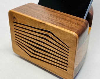 Walnut & cherry cell phone speaker w/ corner twist  front design - iPhone Speaker - Wooden Speaker - Phone Amplifier - Acoustic Speaker