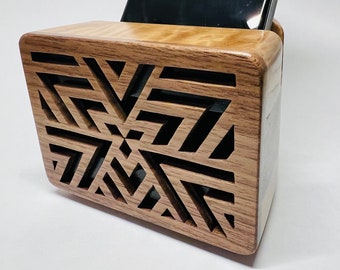 White oak & walnut cell phone speaker w/ triangle trifecta front design - iPhone Speaker - Phone Amplifier - Acoustic Speaker