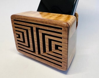 White oak and walnut cell phone speaker w/ diamond illusion design iPhone Speaker - Wooden Speaker - Phone Amplifier - Acoustic Speaker