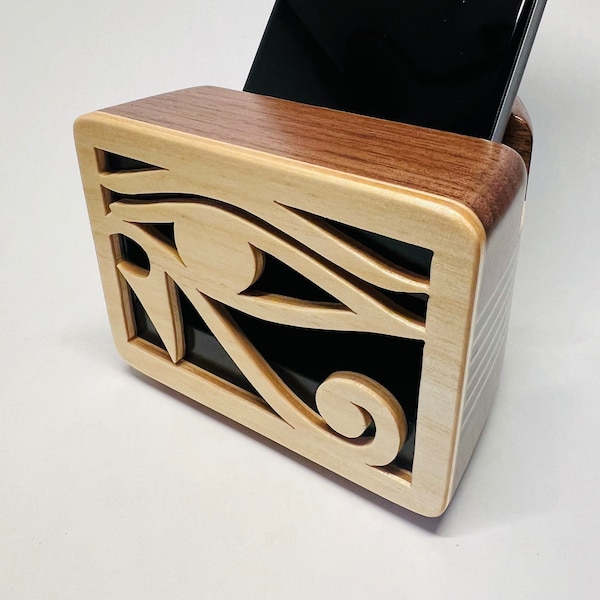 Walnut and dyed birch ply cell phone speaker w/ eye of Horus design - iPhone Speaker - Wooden Speaker - Phone Amplifier - Acoustic Speaker