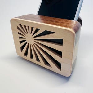 Walnut and maple cell phone speaker w/ sun ray design - iPhone Speaker - Phone Amplifier - Acoustic Speaker
