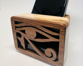 Ambrosia esdoorn walnoot mobiele telefoon luidspreker met oog van Horus ontwerp - iPhone-luidspreker - houten luidspreker - telefoonversterker - akoestische luidspreker