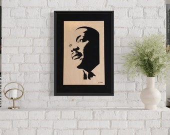 Martin Luther King "Dream" Portrait by Jay Roberts is hand crafted from solid red oak. 13 x 19 half inch thick in a floating custom frame.