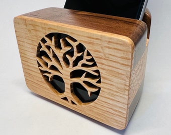 Walnut & red oak cell phone speaker w/ tree of life front design- iPhone Speaker - Wooden Speaker - Phone Amplifier - Acoustic Speaker