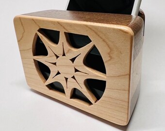 Walnut & Maple cell phone speaker with sun burst front design - iPhone Speaker - Wooden Speaker - Phone Amplifier - Acoustic Speaker