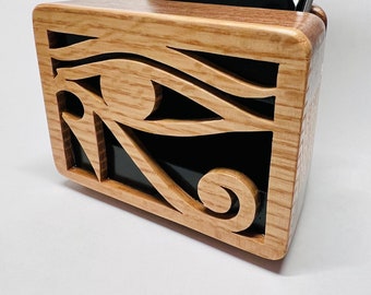 Walnut & red oak cell phone speaker w/ eye of Horus front design - iPhone Speaker - Wooden Speaker - Phone Amplifier - Acoustic Speaker