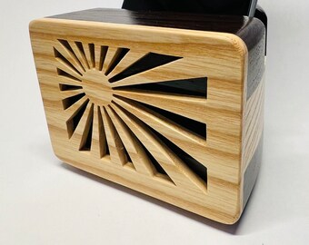 Handy-Lautsprecher Wenge und Esche weiß mit Sonnen-Design - iPhone Lautsprecher - Telefon Verstärker - Akustischer Lautsprecher