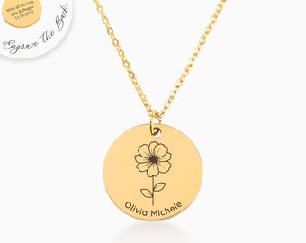 Birth Flower Necklace with Name, Personalized Birth Month Flower Necklace for Mom, Mother's Day Gift from Daughter, New Mom Christmas Gift