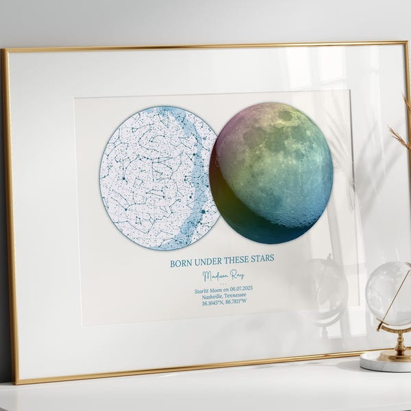 Personalisierte Sternenkarte & Mondphase Print | Neues Baby-Andenken, erster Muttertag oder Babypartygeschenk (digitaler Download)