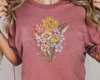 Birth Flower Bouquet T-Shirt - Mom's Garden Gift - Birthday, Mother's Day and Christmas Present from Daughter or Son