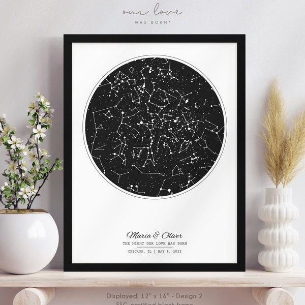 Custom Star Map by Date, Personalized Night Sky Print Framed, Wedding Anniversary Star Map Gift for Couple, Engagement Gift for Friends