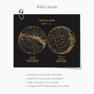 May include: A black print featuring two golden star charts, labeled "Engaged" and "Married", with dates and locations. The text "OUR LOVE STORY Ashley & Eric" is at the top. The image includes the text "What's Inside".