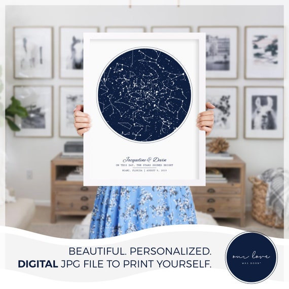 Digital Star Map By Date, Printable JPG File, Celestial Wedding Gift, Personalized Anniversary Night Sky, Custom Engagement Gift - SK01D