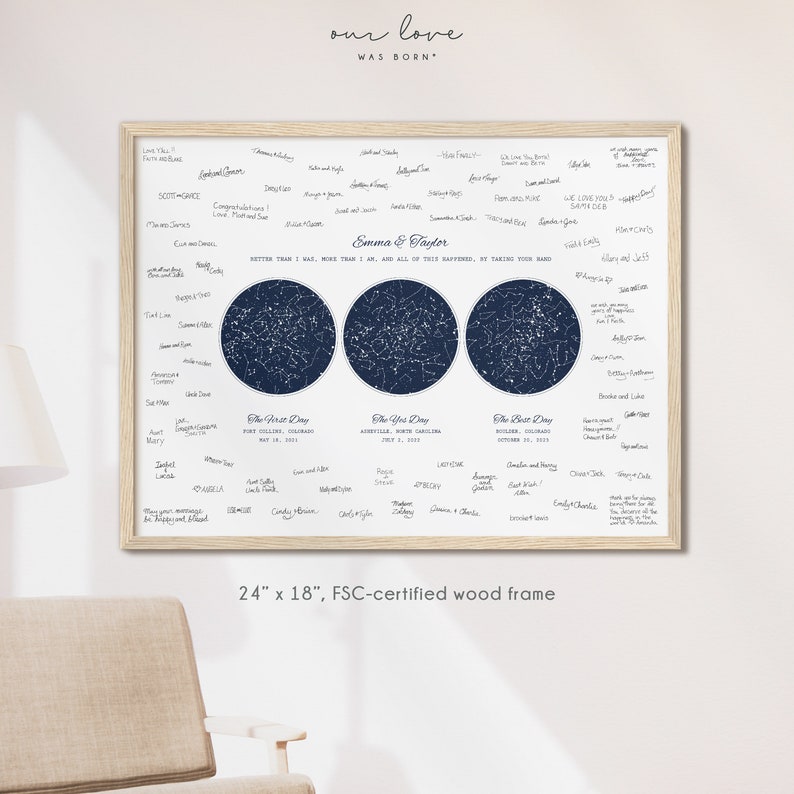 Night Sky Wedding Guest Book Alternative, Unique Guest Book, Personalize Celestial Wedding Guestbook, Star Map Constellation Guest Book Wood Frame