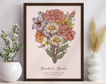 Grandmas Garden Birth Flowers with Grandkids Names, Personalized Gift for Grandmother, Family Birth Month Flower Bouquet