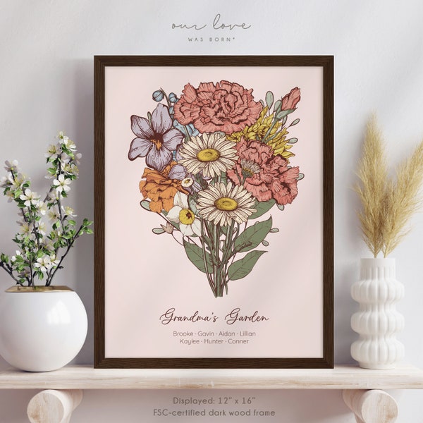 Grandmas Garden Birth Flowers with Grandkids Names, Personalized Gift for Grandmother, Family Birth Month Flower Bouquet