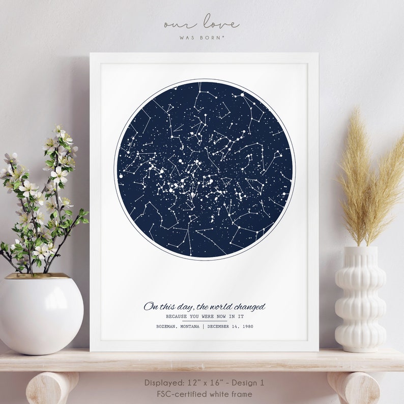 Star Map Birthday, 50th Birthday Gift for Women, 21st Birthday Gift for Her, 30th Birthday Gift Best Friend, Mom Birthday Gift Personalized White Frame