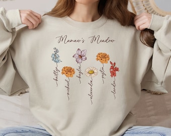 Grandma Garden Sweatshirt with Grandkids Names, Nana Gift Personalized, Birth Flower Gift Idea for Grandmother, Mimi Gift Birthflowers