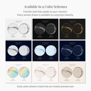 May include: A grid of nine star map prints, each with a unique color scheme. The prints feature two circular star charts with text that reads "OUR LOVE STORY." The text "Available in 9 Color Schemes" is at the top.