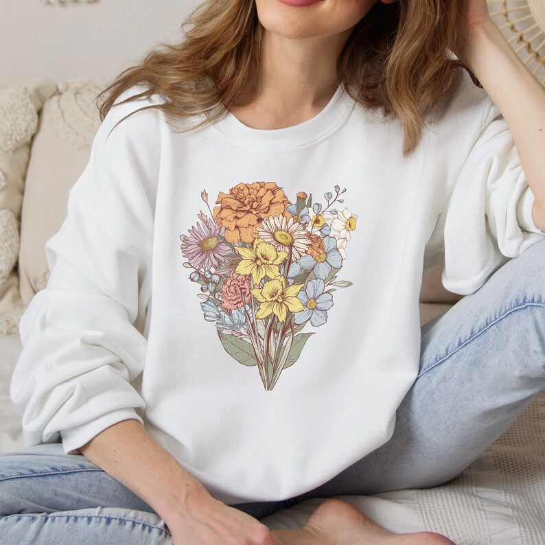 Flower Lover Gift, Custom Birth Month Flower Crewneck, Mom Birthday Gift from Kids, Birth Month Flower Bouquet Sweater White