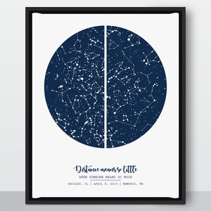May include: A navy blue star map print with white stars and constellations. The print features the text "Distance means so little when someone means so much." and the locations "Chicago, IL | April 8, 2019 | Memphis, TN".
