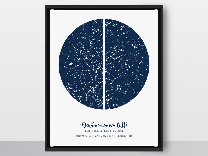 Long Distance Relationship Boyfriend Night Sky Print, Personalize Long Distance Boyfriend Gift Map, Split Location Long Distance Girlfriend image 1