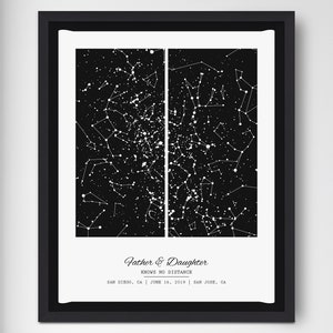 May include: A black and white print with a constellation map of the night sky. The text reads "Father & Daughter Knows No Distance" and includes the locations "San Diego, CA" and "San Jose, CA" with the date "June 16, 2019".